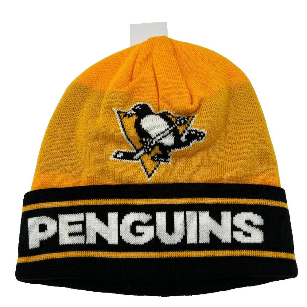 Adidas Unisex Yellow Black Knit Logo Pittsburgh Penguins NHL Team Beanie Hat NWT